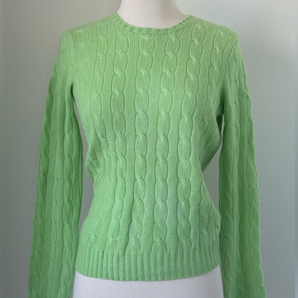Ralph Lauren Black Label Women M 100% Cashmere Cable Knit Slim Fit Sweater green